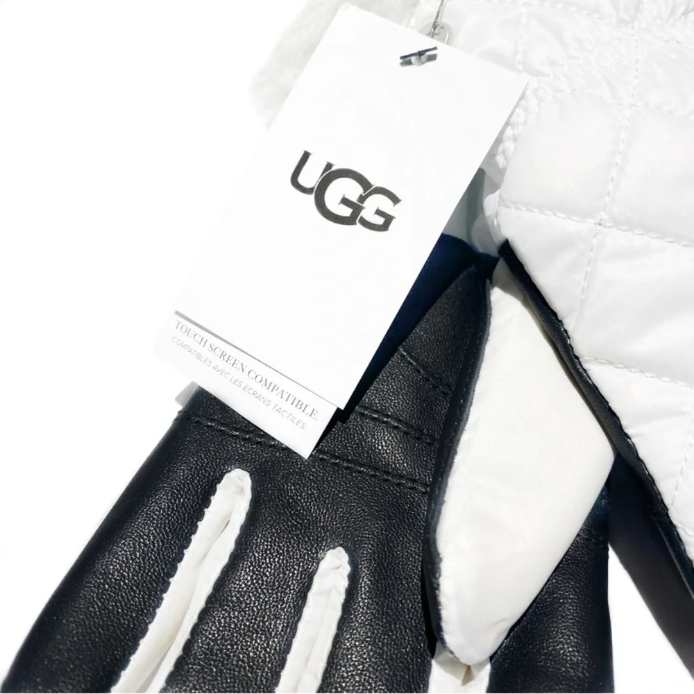 UGG White Black Quilted Shearling Trim & Leather Gloves NWT